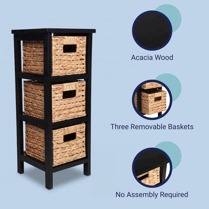 Cohen Pine Wood 3-Tier Storage Cabinet, Black