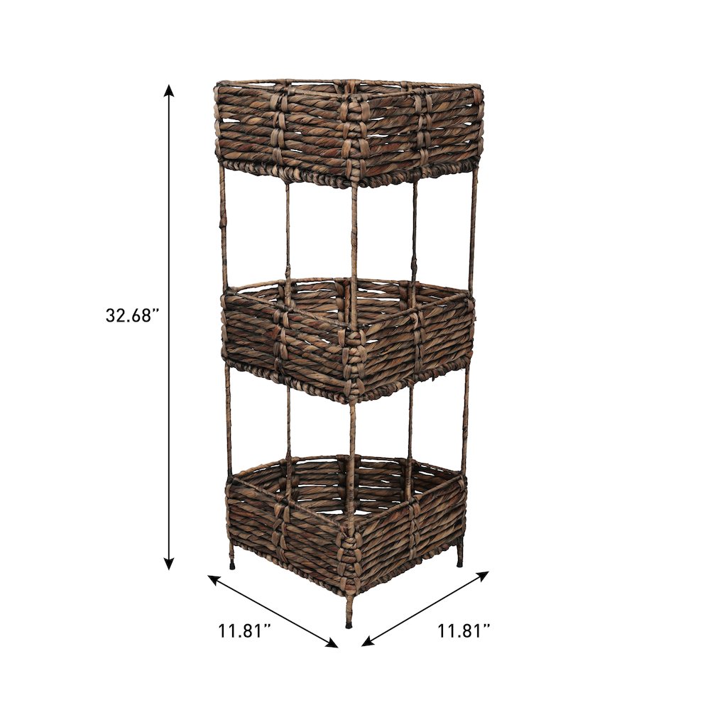 Lavish Water Hyacinth 3-Tier Corner Storage Rack with Metal Frame, Brown