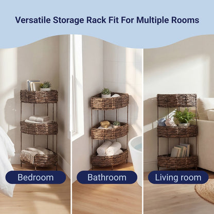 Lavish Water Hyacinth 3-Tier Corner Storage Rack with Metal Frame, Brown