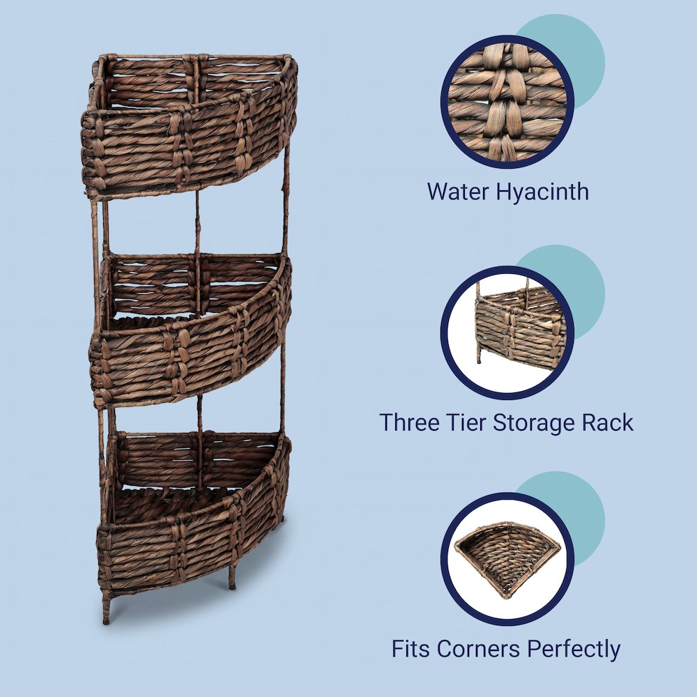 Lavish Water Hyacinth 3-Tier Corner Storage Rack with Metal Frame, Brown