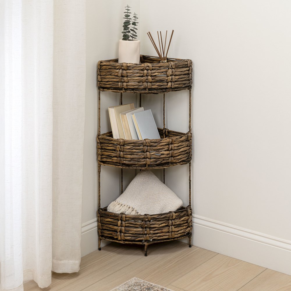 Lavish Water Hyacinth 3-Tier Corner Storage Rack with Metal Frame, Brown