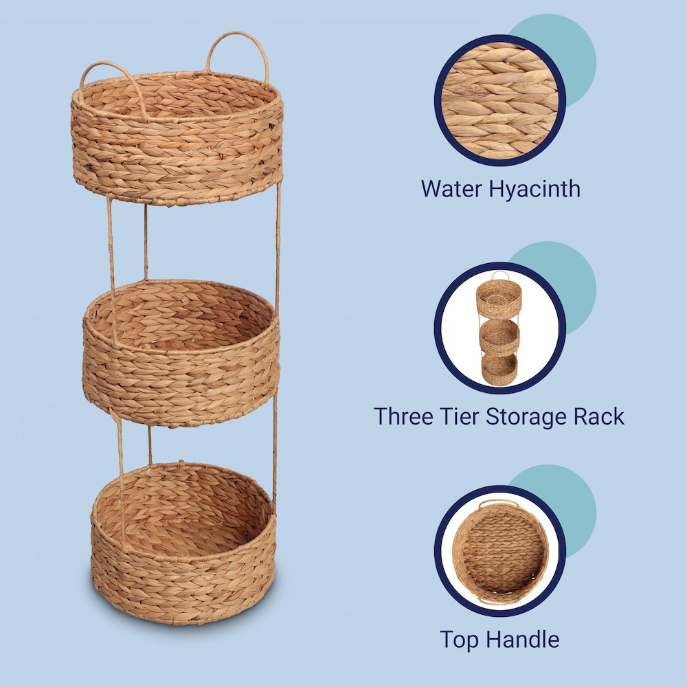 Levity Water Hyacinth 3-Tier Round Storage Rack, Natural