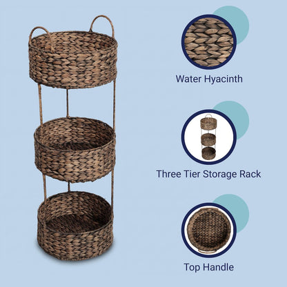 Levity Water Hyacinth 3-Tier Round Storage Rack, Brown