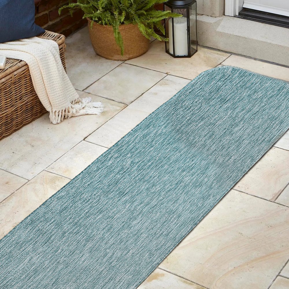 Radius Corner Solid Turquoise 2 ft. x 8 ft. Indoor/Outdoor Shaped Runner Rug