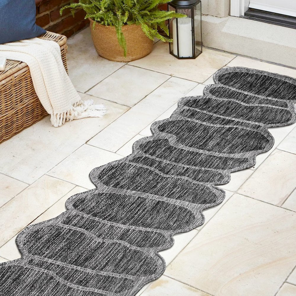 Dark Gray/Gray 2 ft. x 8 ft. Indoor/Outdoor Shaped Runner Rug