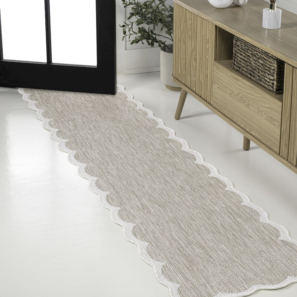 Two-Tone Scalloped Beige/Cream 2 ft. x 8 ft. Indoor/Outdoor Shaped Runner Rug