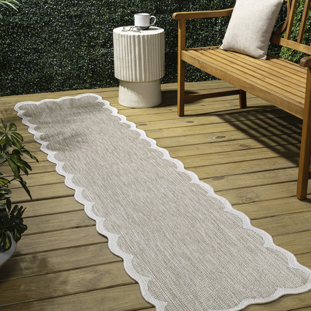 Two-Tone Scalloped Beige/Cream 2 ft. x 8 ft. Indoor/Outdoor Shaped Runner Rug