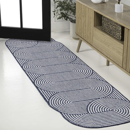 Cream/Navy 2 ft. x 8 ft. Indoor/Outdoor Shaped Runner Rug