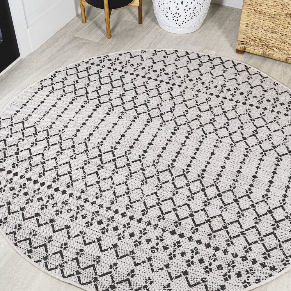 Ourika Moroccan Geometric Textured Weave Indoor/Outdoor Round Rug