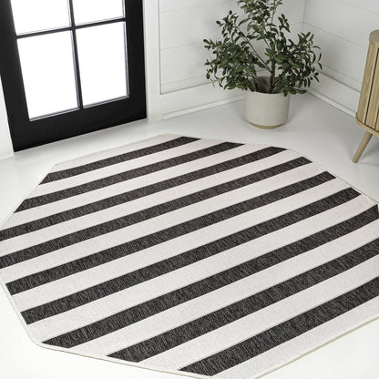 Aveiro Wide Stripe Black/Cream 5' Octagon Indoor/Outdoor Area Rug