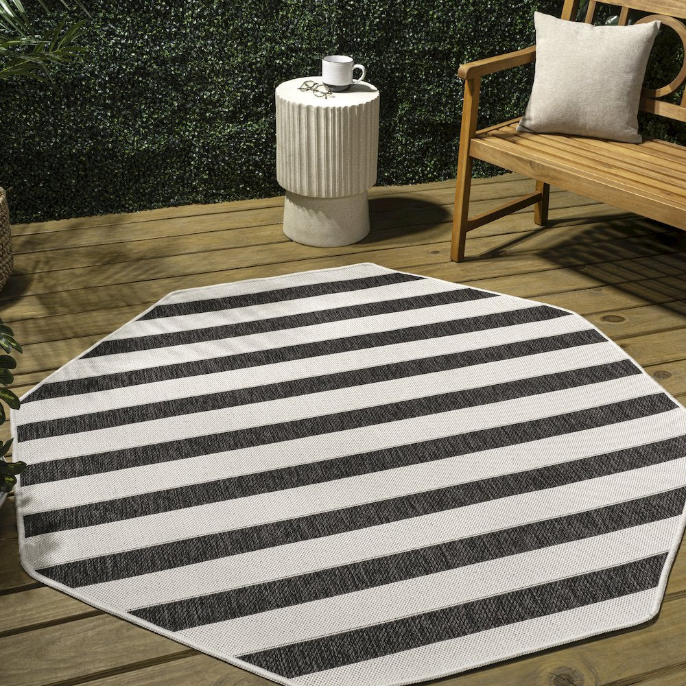 Aveiro Wide Stripe Black/Cream 5' Octagon Indoor/Outdoor Area Rug