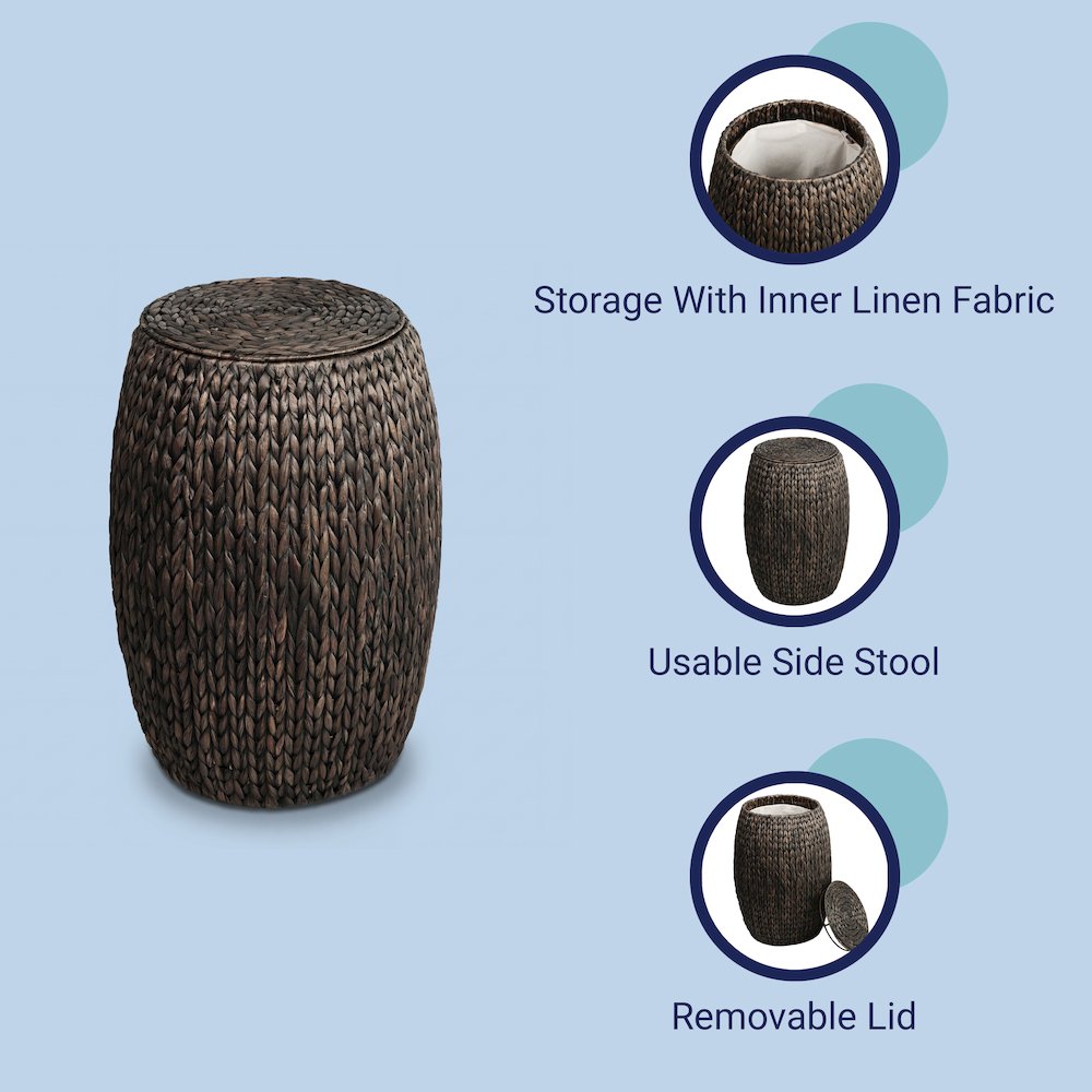 Colt Coastal Bohemian Handwoven Hyacinth Barrel Storage Stool with Lid, Black