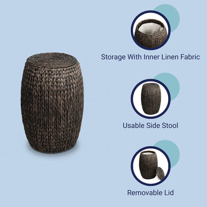Colt Coastal Bohemian Handwoven Hyacinth Barrel Storage Stool with Lid, Black