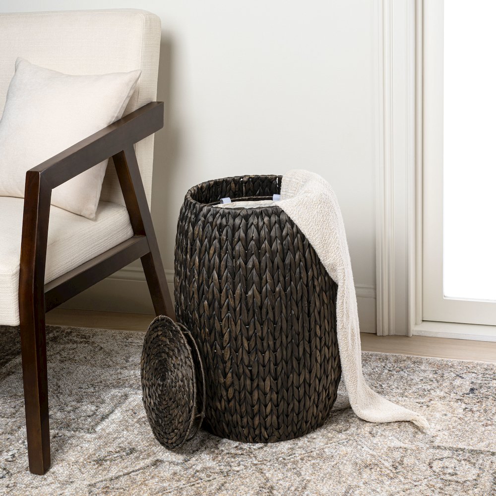 Colt Coastal Bohemian Handwoven Hyacinth Barrel Storage Stool with Lid, Black
