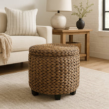 Handwoven Water Hyacinth Storage Ottoman with Lid, Brown Wash