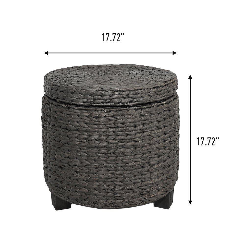 Handwoven Water Hyacinth Storage Ottoman with Lid, Black