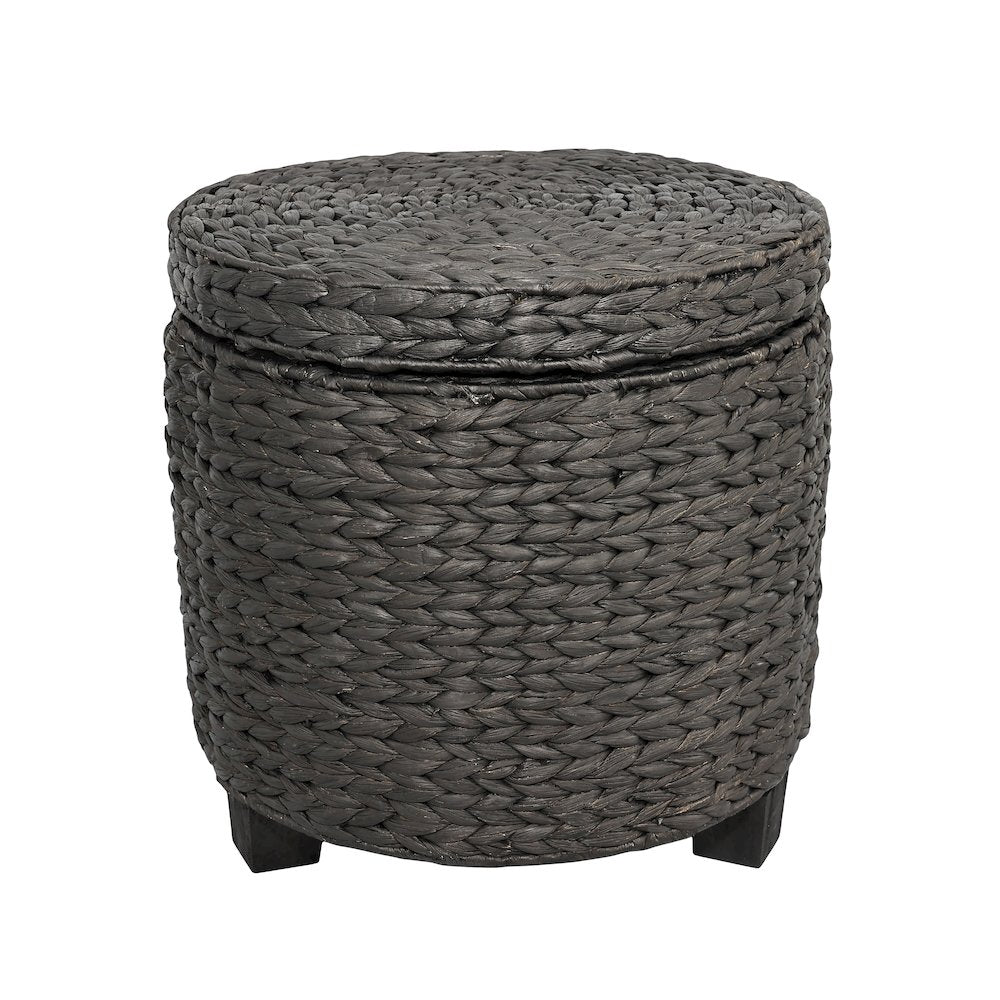 Handwoven Water Hyacinth Storage Ottoman with Lid, Black