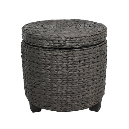 Handwoven Water Hyacinth Storage Ottoman with Lid, Black