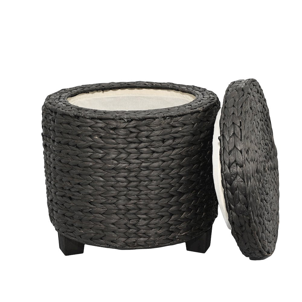 Handwoven Water Hyacinth Storage Ottoman with Lid, Black