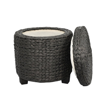 Handwoven Water Hyacinth Storage Ottoman with Lid, Black