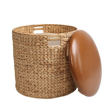 18" Modern Coastal Hand-Woven Hyacinth Storage Ottoman with Lid, Natural/Brown