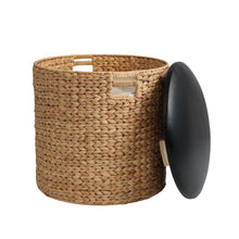 18" Modern Coastal Hand-Woven Hyacinth Storage Ottoman with Lid, Natural/Black