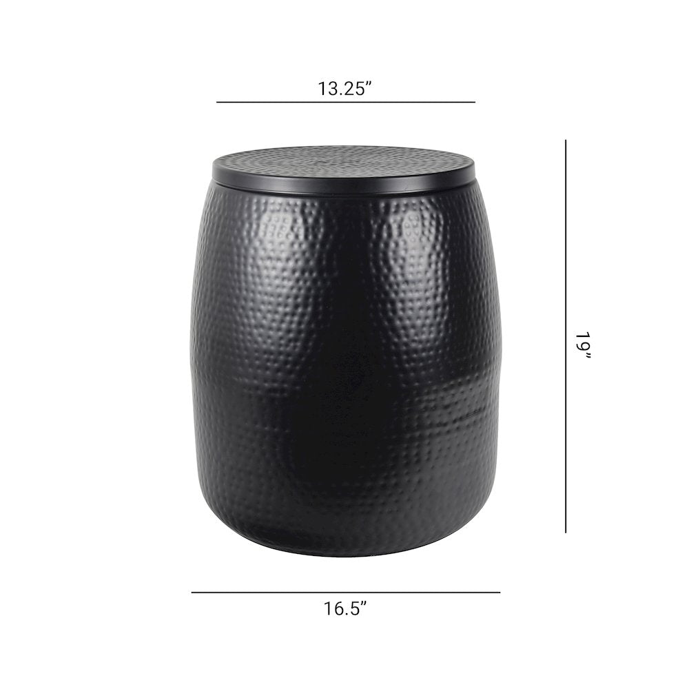 Rustic Hammered Metal Drum Storage Side Table with Lid, Matte Black