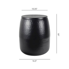 Rustic Hammered Metal Drum Storage Side Table with Lid, Matte Black