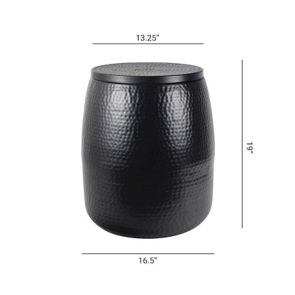 Rustic Hammered Metal Drum Storage Side Table with Lid, Matte Black