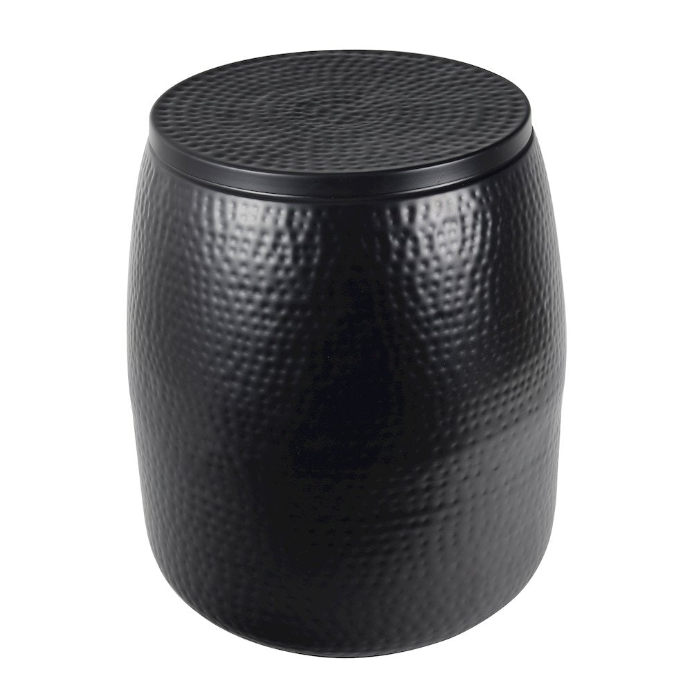 Rustic Hammered Metal Drum Storage Side Table with Lid, Matte Black