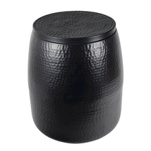 Rustic Hammered Metal Drum Storage Side Table with Lid, Matte Black