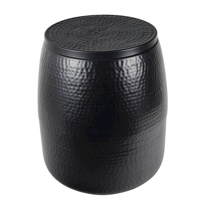 Rustic Hammered Metal Drum Storage Side Table with Lid, Matte Black