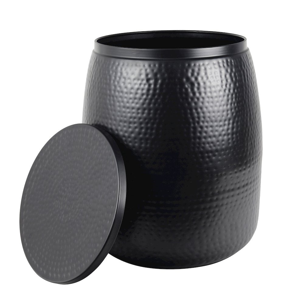 Rustic Hammered Metal Drum Storage Side Table with Lid, Matte Black