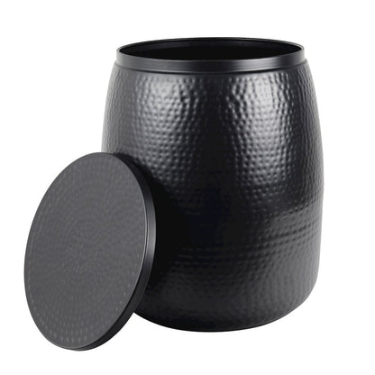 Rustic Hammered Metal Drum Storage Side Table with Lid, Matte Black