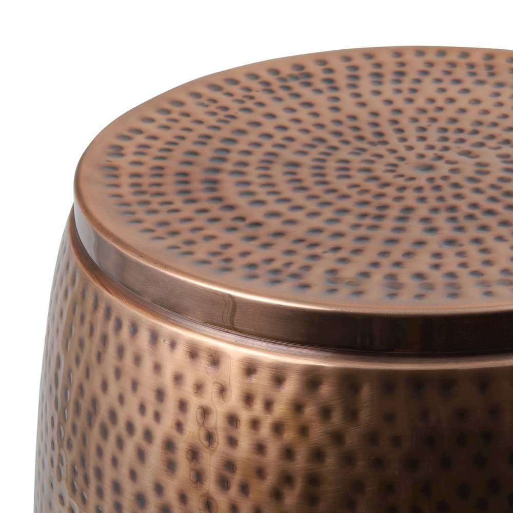 Rustic Hammered Metal Drum Storage Side Table with Lid, Antique Copper