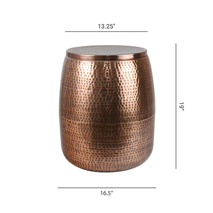 Rustic Hammered Metal Drum Storage Side Table with Lid, Antique Copper