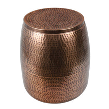 Rustic Hammered Metal Drum Storage Side Table with Lid, Antique Copper