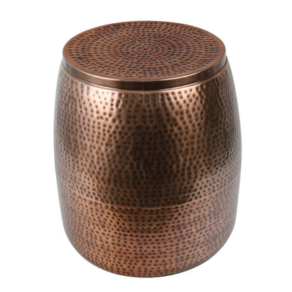 Rustic Hammered Metal Drum Storage Side Table with Lid, Antique Copper