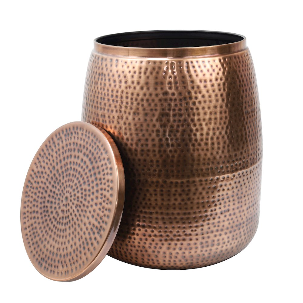 Rustic Hammered Metal Drum Storage Side Table with Lid, Antique Copper