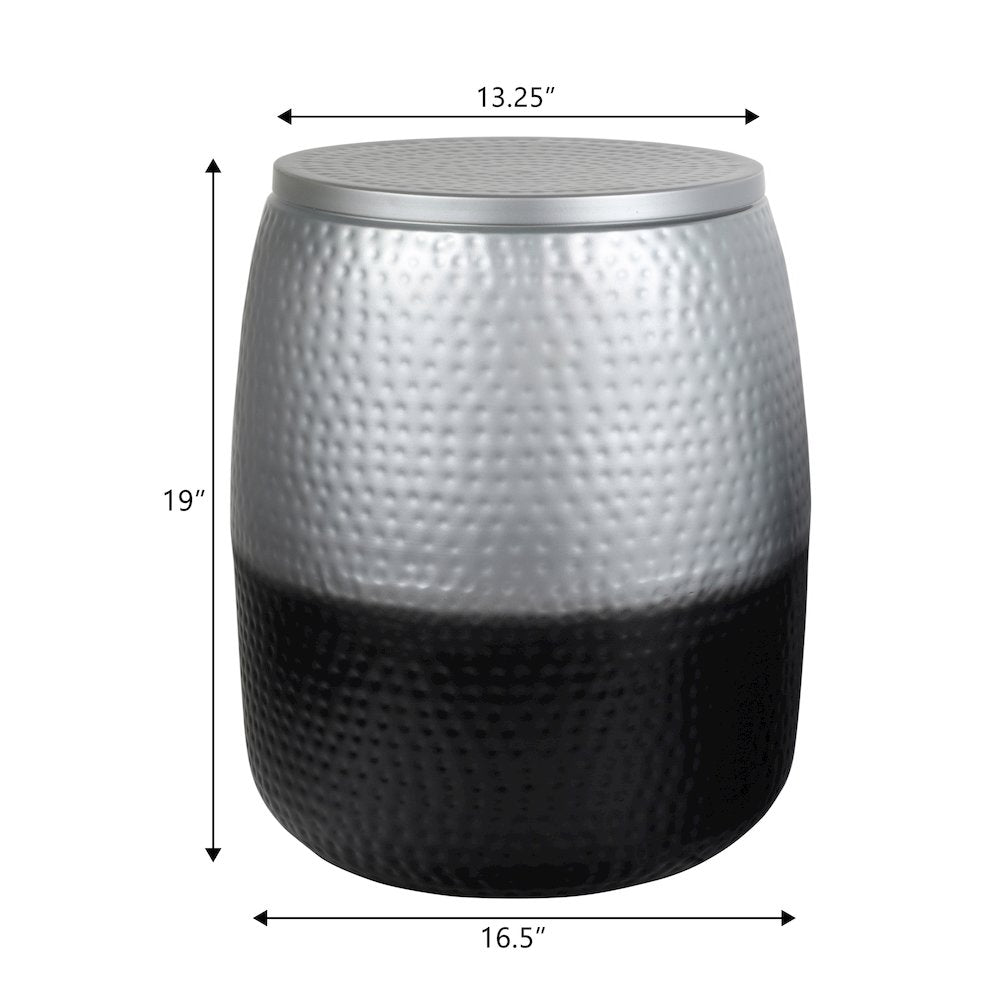 Merida Hammered Metal Drum Storage Side Table with Lid, Silver/Black