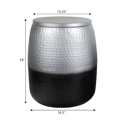 Merida Hammered Metal Drum Storage Side Table with Lid, Silver/Black