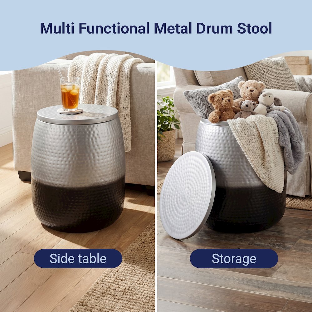 Merida Hammered Metal Drum Storage Side Table with Lid, Silver/Black
