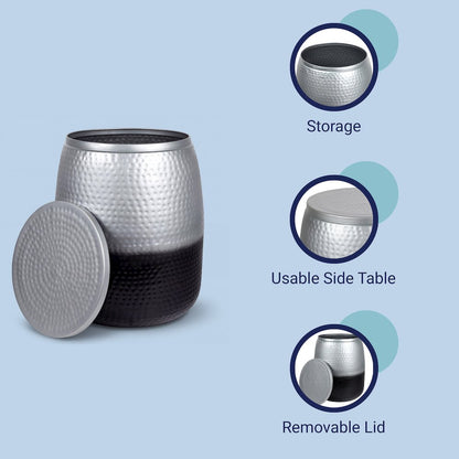 Merida Hammered Metal Drum Storage Side Table with Lid, Silver/Black