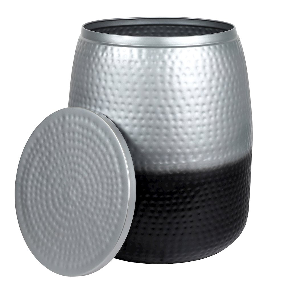 Merida Hammered Metal Drum Storage Side Table with Lid, Silver/Black