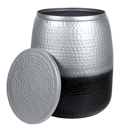 Merida Hammered Metal Drum Storage Side Table with Lid, Silver/Black