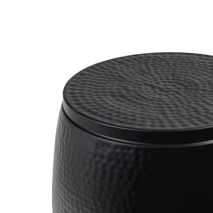 Rustic Hammered Metal Drum Storage Side Table with Lid, Matte Black