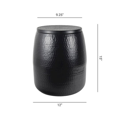 Rustic Hammered Metal Drum Storage Side Table with Lid, Matte Black