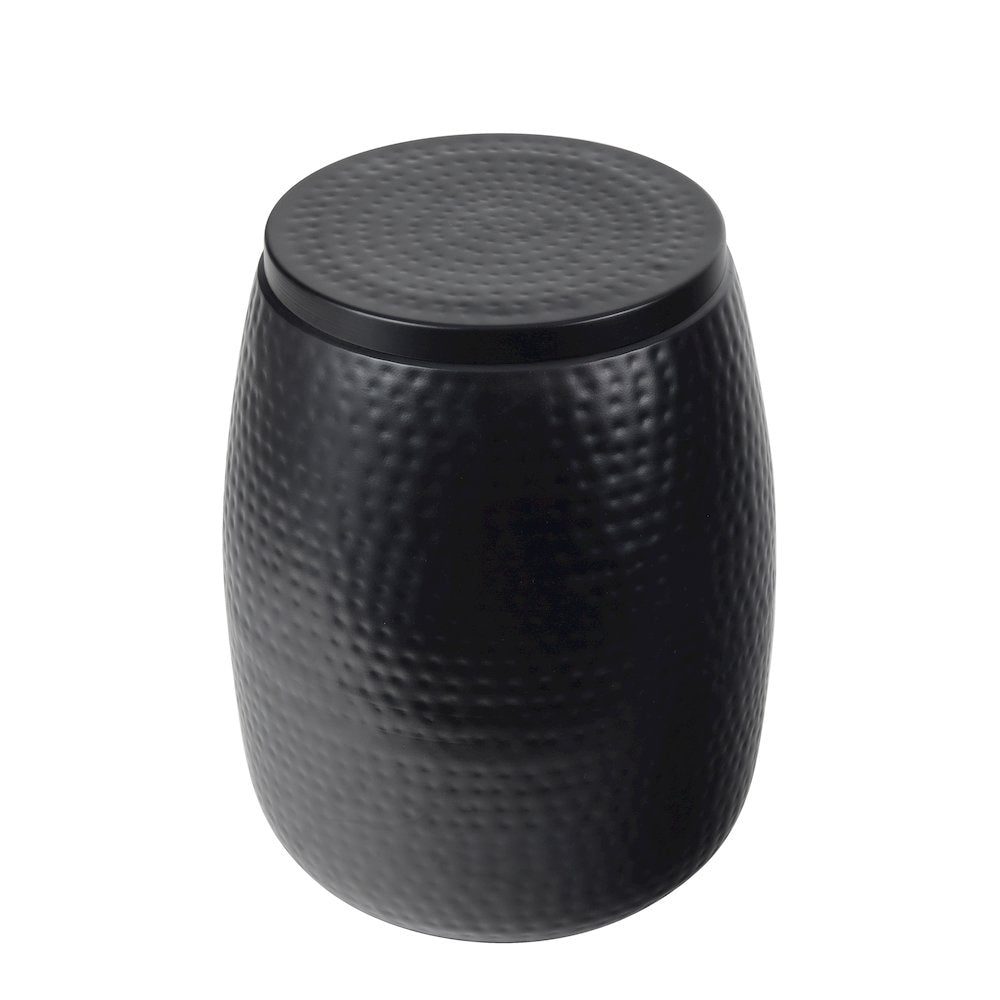 Rustic Hammered Metal Drum Storage Side Table with Lid, Matte Black