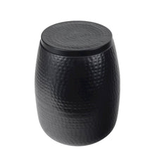 Rustic Hammered Metal Drum Storage Side Table with Lid, Matte Black