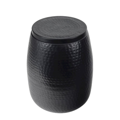 Rustic Hammered Metal Drum Storage Side Table with Lid, Matte Black